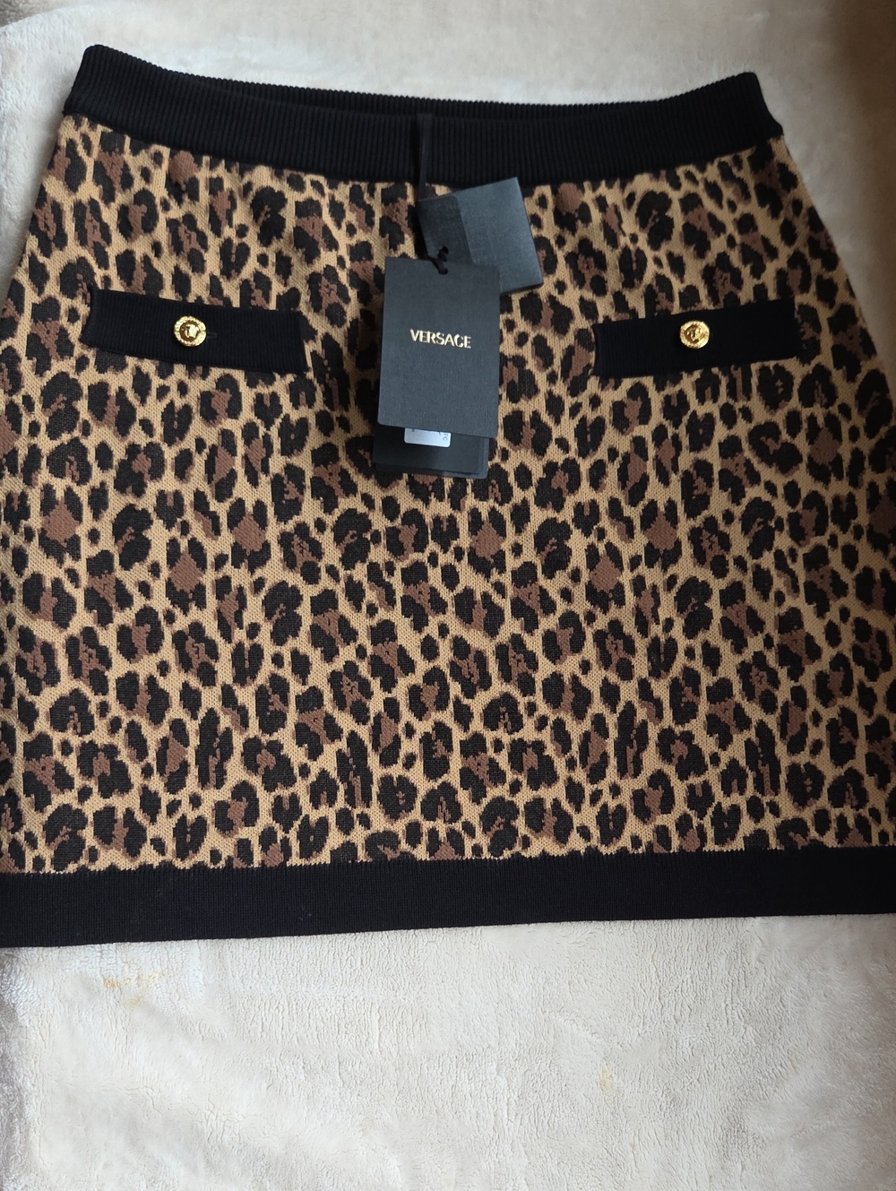 Versace Leopard Jacquard Knit Mini Skirt - Black, Brown & Tan